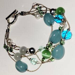 New Bracelet, Multi-strand Glass Bead & Faux Pearl Jeweled Chain Bracelet